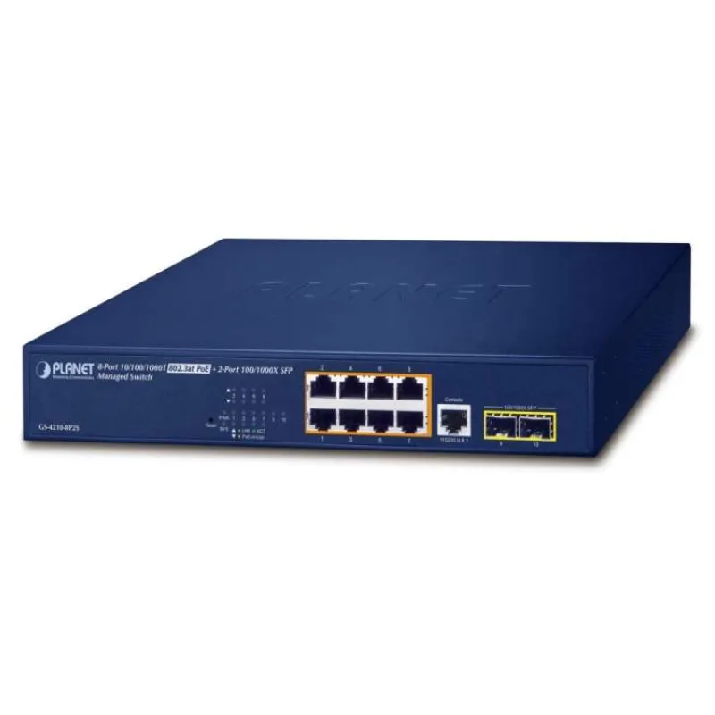 Planet GS-4210-8P2S L2 switch, 8x1Gb, 2x 1Gb SFP, 8x PoE 802.3at 120W, QoS (GS-4210-8P2S)