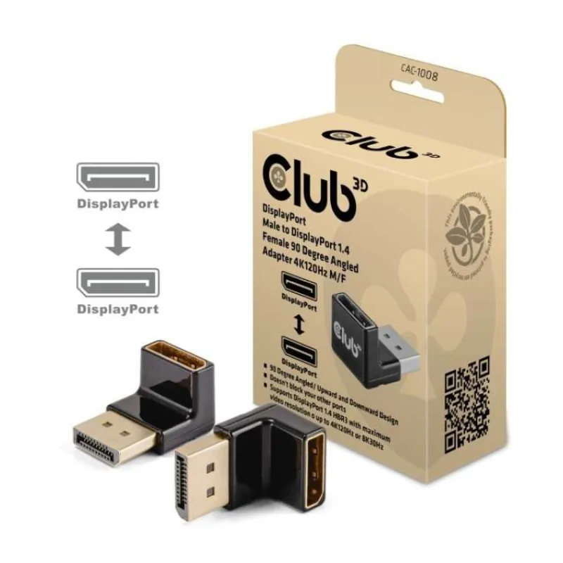 Club3D Adaptér DisplayPort na DisplayPort 1.4, 4K120Hz, 8K30Hz, 90° (CAC-1008)