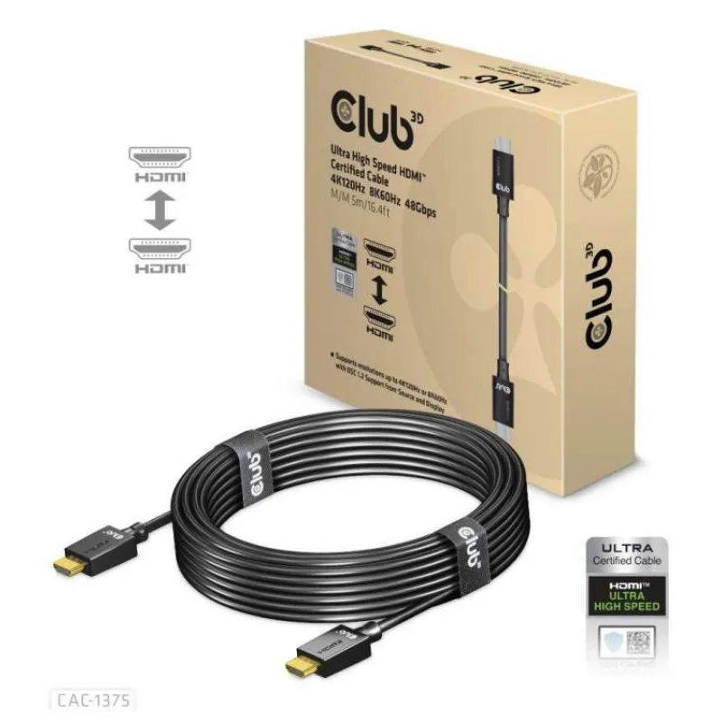 Club3D Ultra Rychlý HDMI™ Certifikovaný, 4K120Hz 8K60Hz 48Gbps M/M 5m/16.4ft, 28 AWG (CAC-1375)
