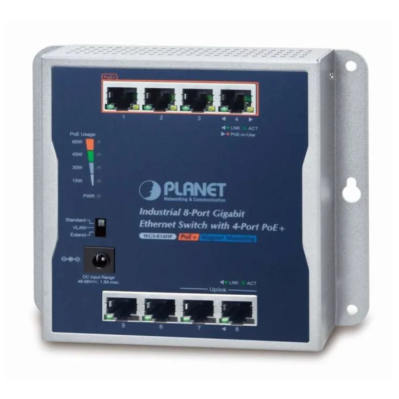 Planet průmyslový plochý switch 8x 1Gb, 4x PoE 30/60W, 48-56V, IP30, -20/60st, fanless (WGS-814HP)
