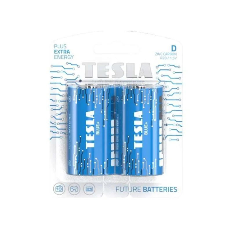 TESLA BLUE+ Zinc Carbon baterie D (R20, velký monočlánek, blister) 2 ks (15200220)