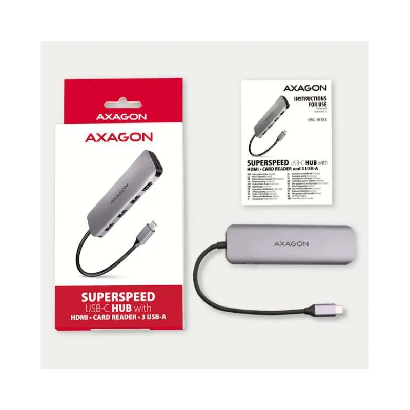 AXAGON HMC-HCR3A, USB 3.2 Gen 1 hub, porty 3x USB-A, HDMI 4k/30Hz, SD/microSD, kabel USB-C 20cm (HMC-HCR3A)