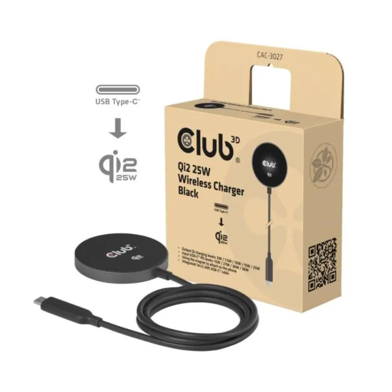 Club3D Bezdrátová nabíječka, 1x Qi2 25W, MagSafe, Qi certifikováno, černá (CAC-3027)