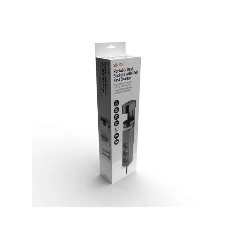 Solight 3z + USB A+C přenosné stolní zásuvky, 2m, černá, USB rychlonabíječka 20W PD (PP105C-PD20-B)