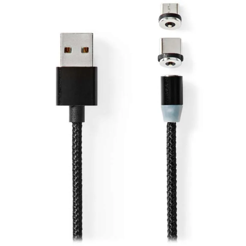 NEDIS USB 2.0 kabel/ USB-A Zástrčka - USB micro-B zástrčka/USB-C zástrčka/ magnet konektory/ černý/ blistr/ 2 m (CCGB60630BK20)