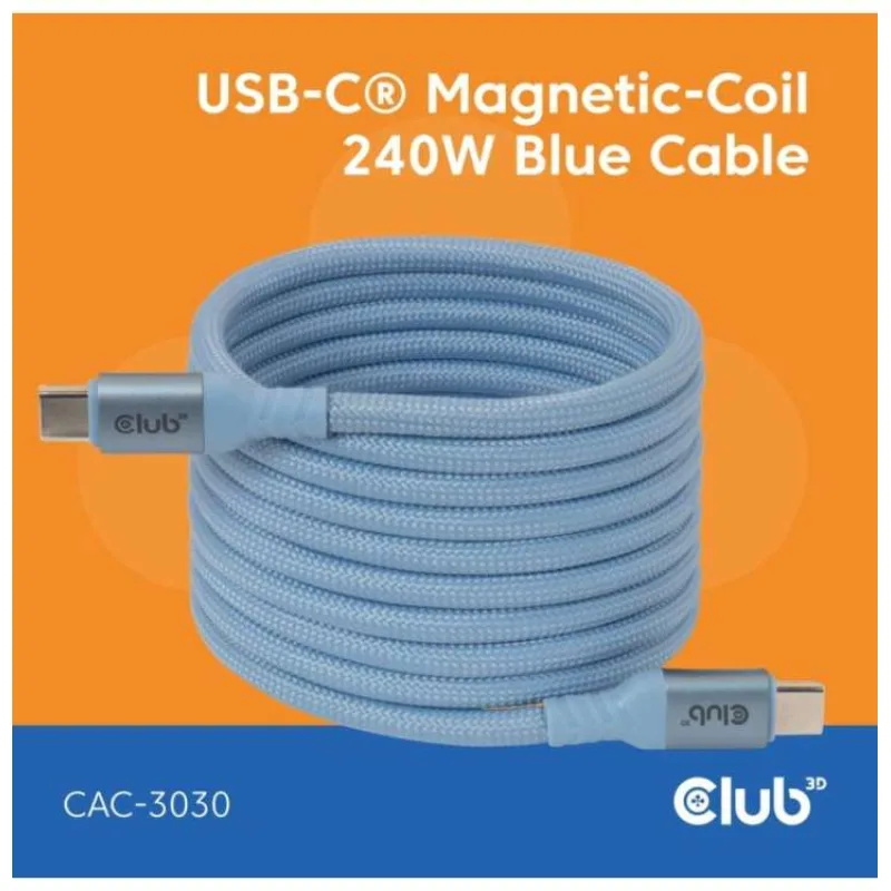 Club3D Kabel magnetický USB-C, 240W PD3.1, 480 Mbps, 2m, modrá (CAC-3030)