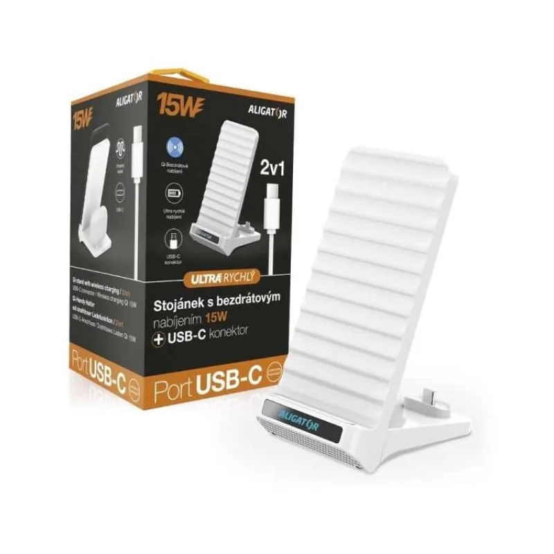 ALIGATOR Stojanček s bezdrôtovým nabíjaním 15W a USB-C konektorom, 2v1, biely (CHQ002)