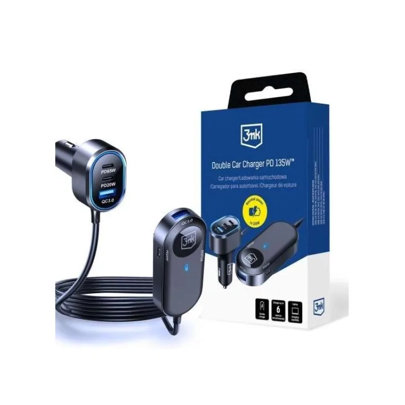 3mk Double Car Charger 135W PD QC PPS USB 2A4C Black/Gray (5903108605502)
