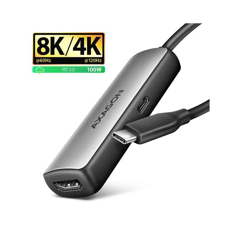 AXAGON adaptér USB-C na HDMI / RVC-HI8KPD / 8K/60Hz, 4K/144Hz / HDCP 2.3 / PD 100W / 0,16m / černý (RVC-HI8KPD)