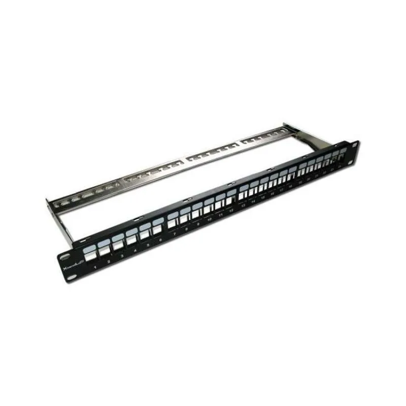 XtendLan Patch panel 19", 24 portů, neosazený, stíněný, černý, Cat5e/6/6A/7, vyvazovák (PP19-24NS)