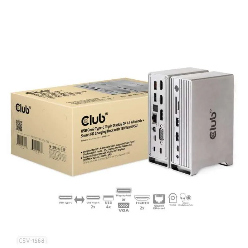 Club3D USB-C, Triple Display DP Alt mode Displaylink Dynamic PD Charging Dock so 120 W PS (CSV-1568)