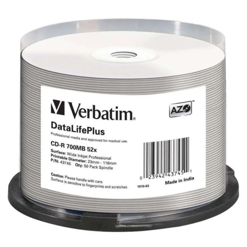 VERBATIM CD-R(50-pack) spindl, AZO 52X,700MB,WHITE WIDE PRINTABLE SURFACE NON-ID (43745)