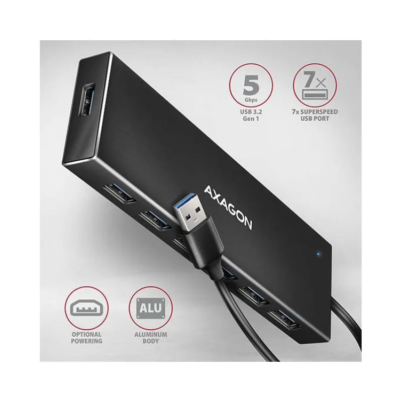 AXAGON HUE-F7A, 7x USB 3.2 Gen 1 ALU FLAT CHARGING hub, micro USB napájací konektor, kábel USB-A 1m (HUE-F7A)