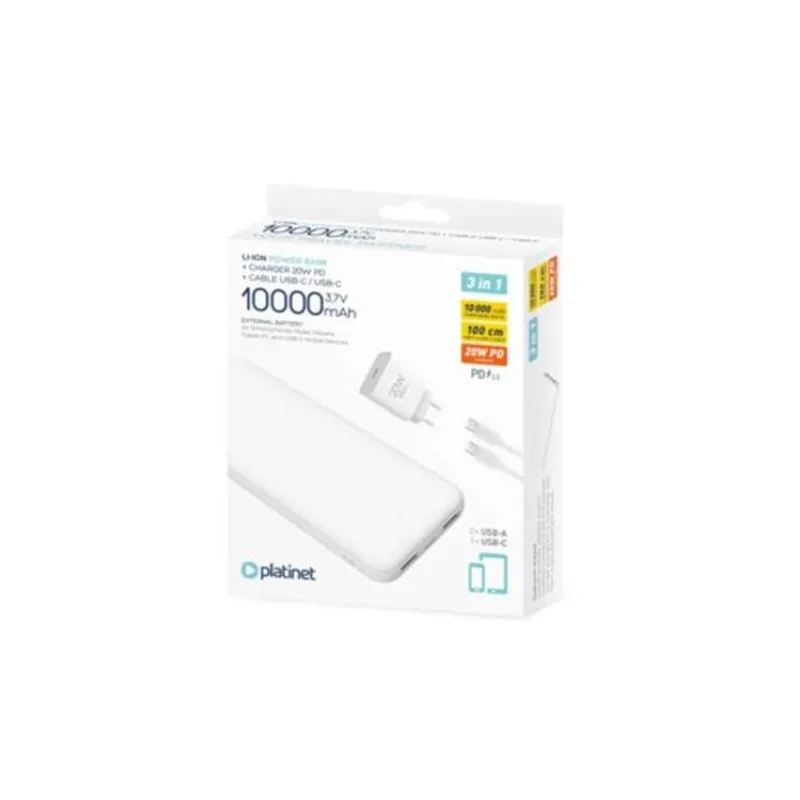 PLATINET POWER BANK 10000 mAh + PD CHARGER 20W + USB-C kabel bílá (PMPB10SETW)
