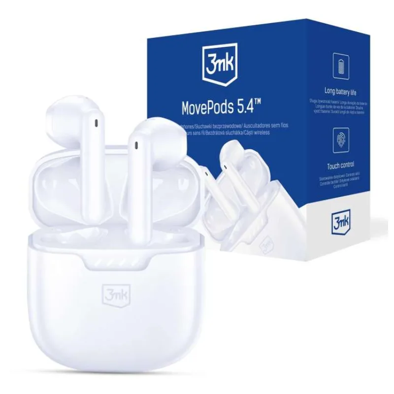 3mk bezdrátová stereo sluchátka MovePods 5.4, stereo, nabíjecí pouzdro, bílá (5903108641982)