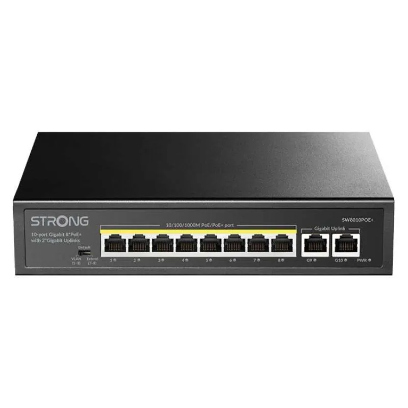 STRONG switch SW8010POE+/ 8x port Gigabit POE+/ 2x Ggabit Uplink port/ IEEE802.3af/at/ kovové šasi/ černý (SW8010POE+)