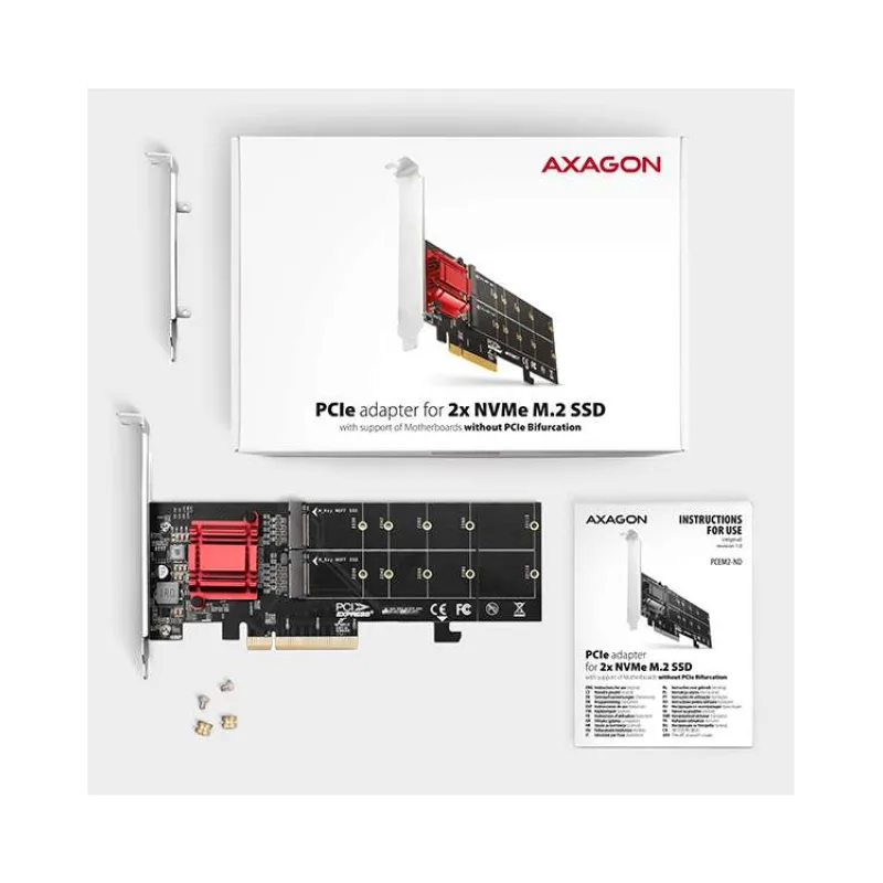AXAGON PCEM2-ND, PCIe x8 radič - 2x M.2 NVMe M-key slot, RAID, podpora dosiek bez bifurkácie, vr. LP (PCEM2-ND)
