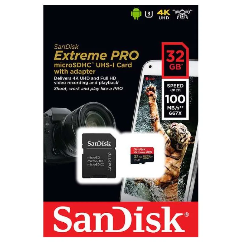 SanDisk Micro SDXC karta 32GB Extreme PRO (100MB/s, Class 10 UHS-I V30) + adaptér (SDSQXCG-032G-GN6MA)