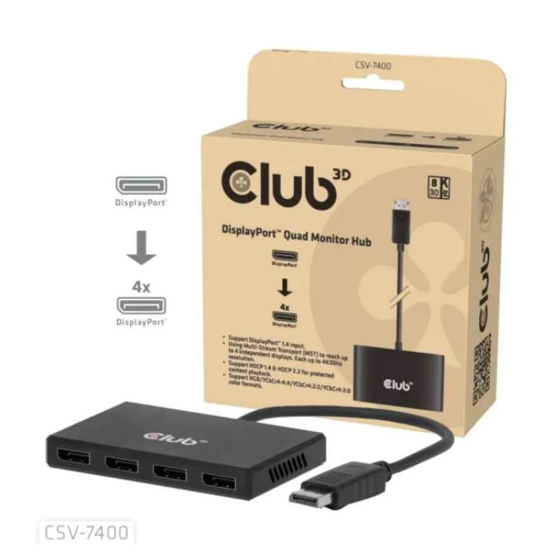 Club3D hub MST (Multi Stream Transport) DisplayPort 1.4 na 4x DisplayPort, Quad monitor, 4x 4K30Hz, 8K30Hz (CSV-7400)