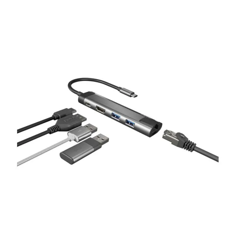 Natec multiport adaptér FOWLER GO HUB 5v1, 2X USB 3.0 HUB, HDMI 4K, USB-C PD, RJ45 (NMP-1985)