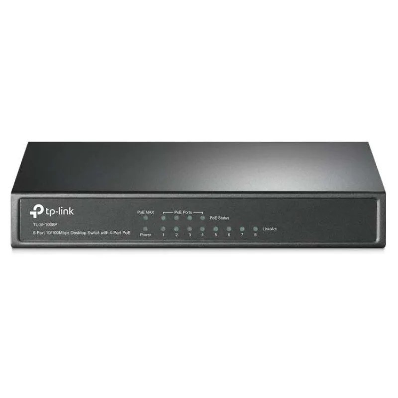 8-Port 10/100 Mbps Desktop Switch with 4-Port PoE+
PORT: 4× 10/100 Mbps PoE+ Ports, 4× 10/100 Mbps Non-PoE Ports
SPEC: (TL-SF1008P)