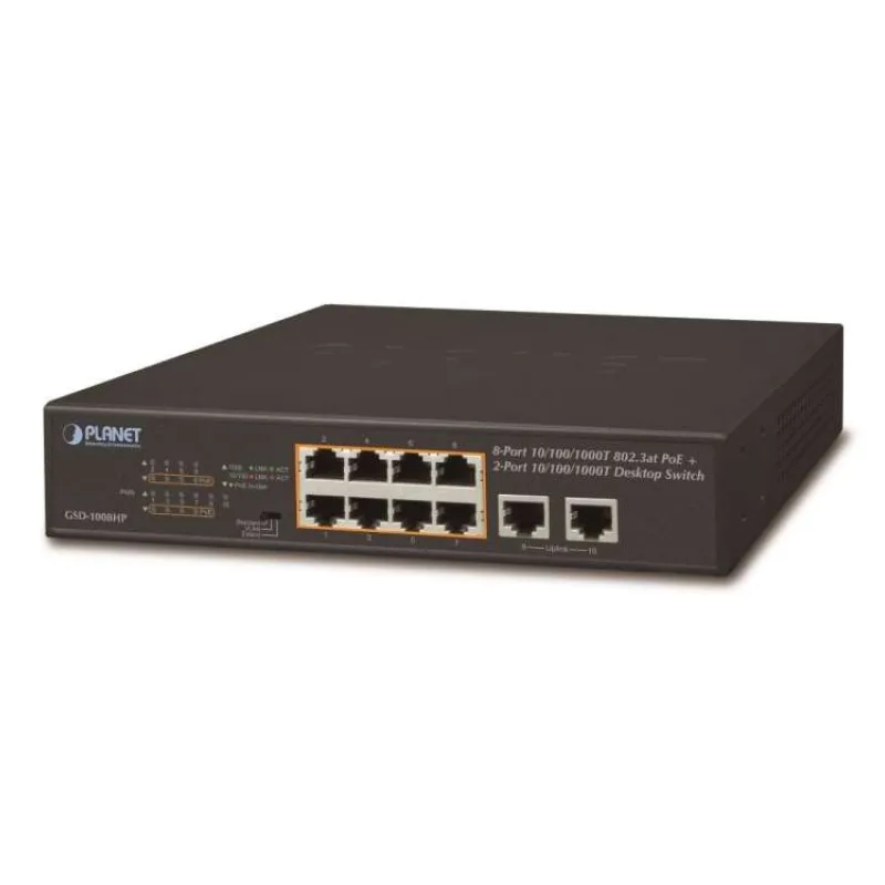 Planet GSD-1008HP, PoE switch 8x PoE 802.3at 120W+ 2x 1000Base-T, VLAN, extend mód 10Mb/s do 250m (GSD-1008HP)