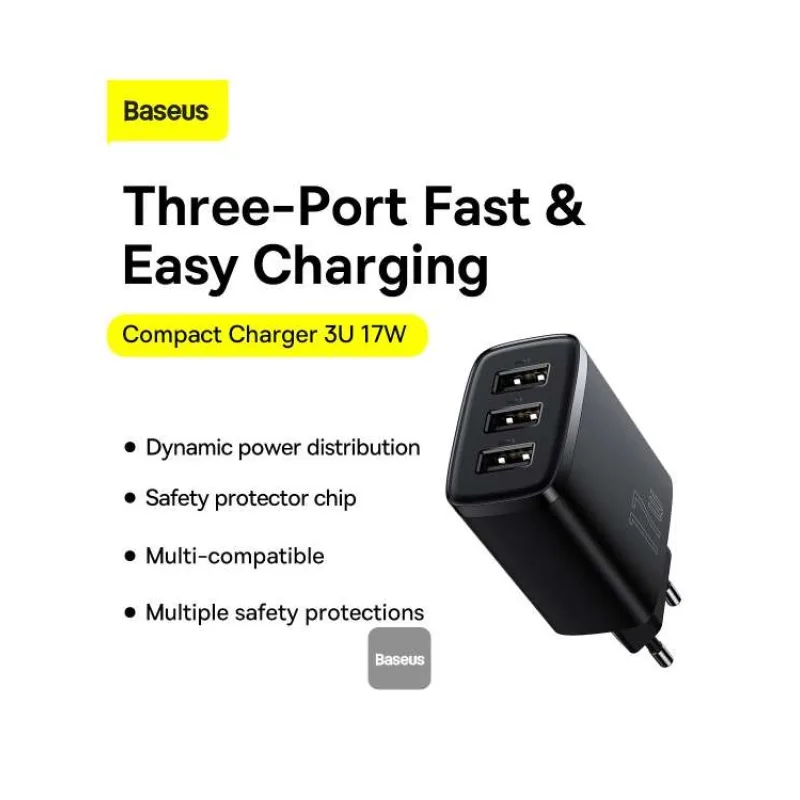 Baseus nabíjačka do siete Compact 3xUSB 17W čierna (6932172606961)