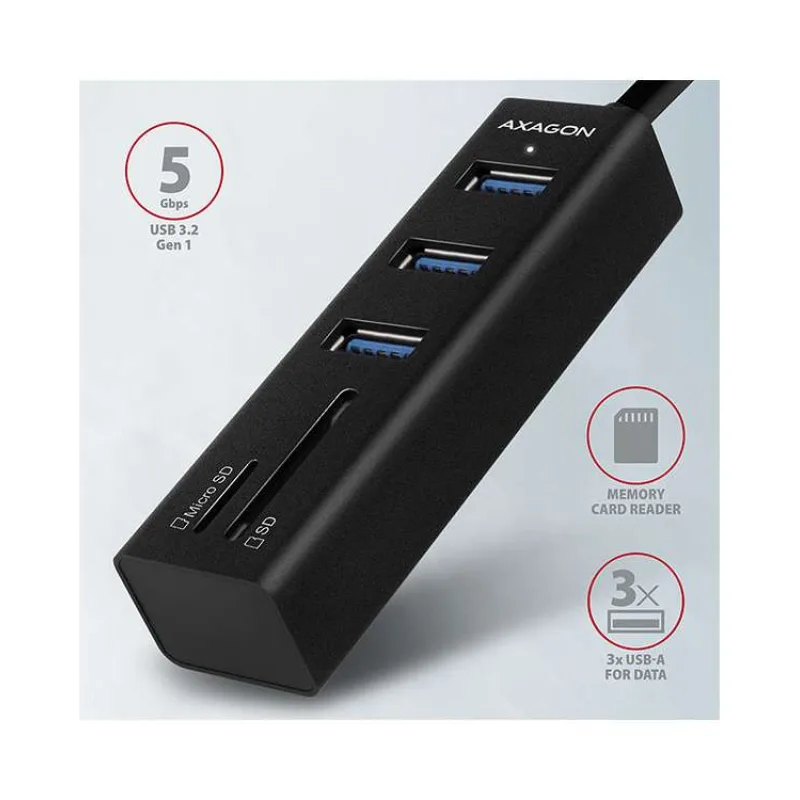 AXAGON HMA-CR3A, USB 3.2 Gen 1 hub, porty 3x USB-A + čítačka kariet SD/microSD, kovový, kábel USB-A 20 (HMA-CR3A)