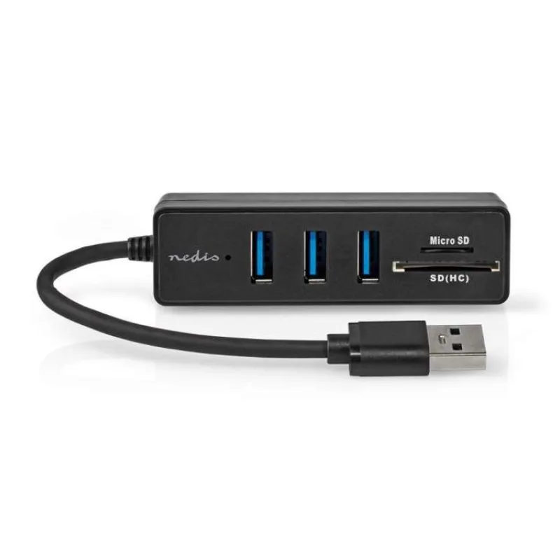 NEDIS USB hub/ zástrčka USB-A zástrčka/ 3x zásuvka USB-A/ 5 Portů/ USB 3.2 Gen 1/ 5 Gbps/ SD & MicroSD/ černý/ blistr (CCGB61250BK01)