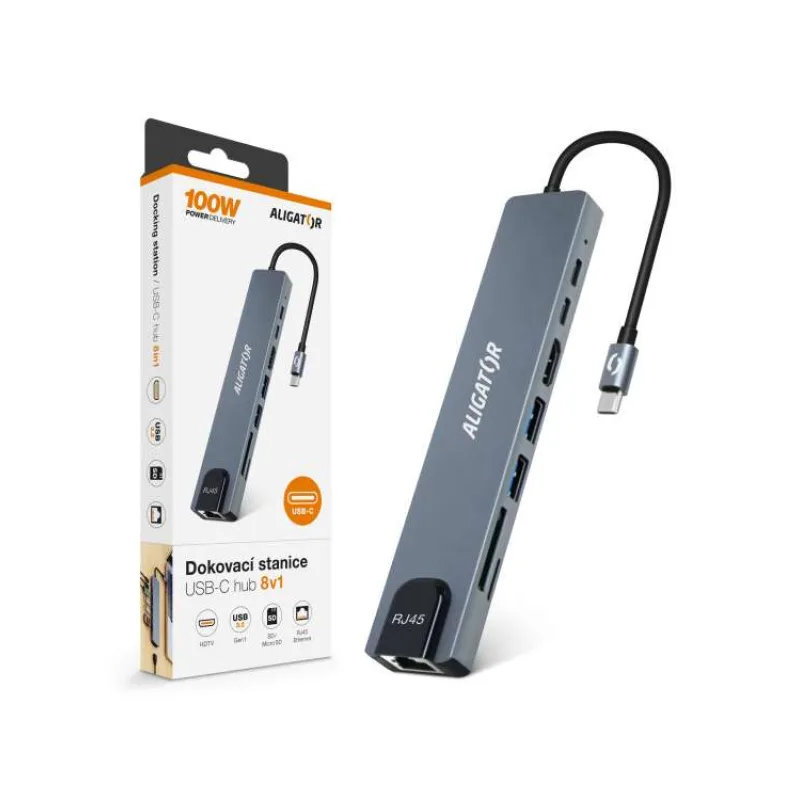 Aligator Dokovacia stanica USB-C/Hub 8v1 (USB-C/2xUSB/SD/MicroSD/HDTV/RJ45) (AHUB001)