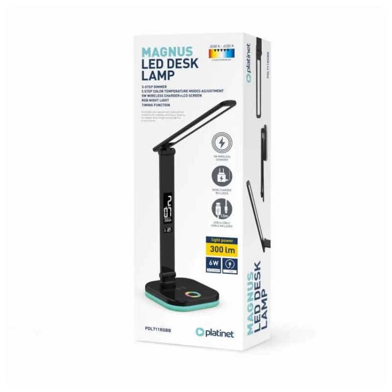 Platinet PDL711RGBB stolná LED lampa stmievateľná, bezdrôtové nabíjanie, hodiny, čierna (PLADL711RGBB)
