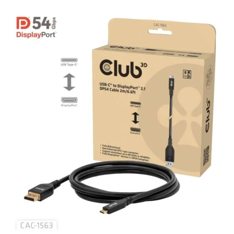 Club3D Kabel USB-C na DisplayPort 2.1 DP54 Bi-Directional, 8K120Hz, 4K480Hz, 2m (CAC-1563)