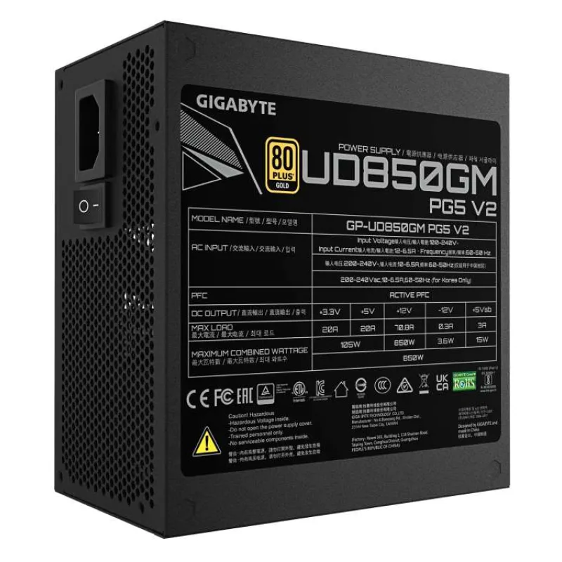 GIGABYTE zdroj UD850GM PG5 V2 850W, 120mm, Plně modulární, 80 Plus Gold, ATX 3.1 (GP-UD850GM PG5 V2)