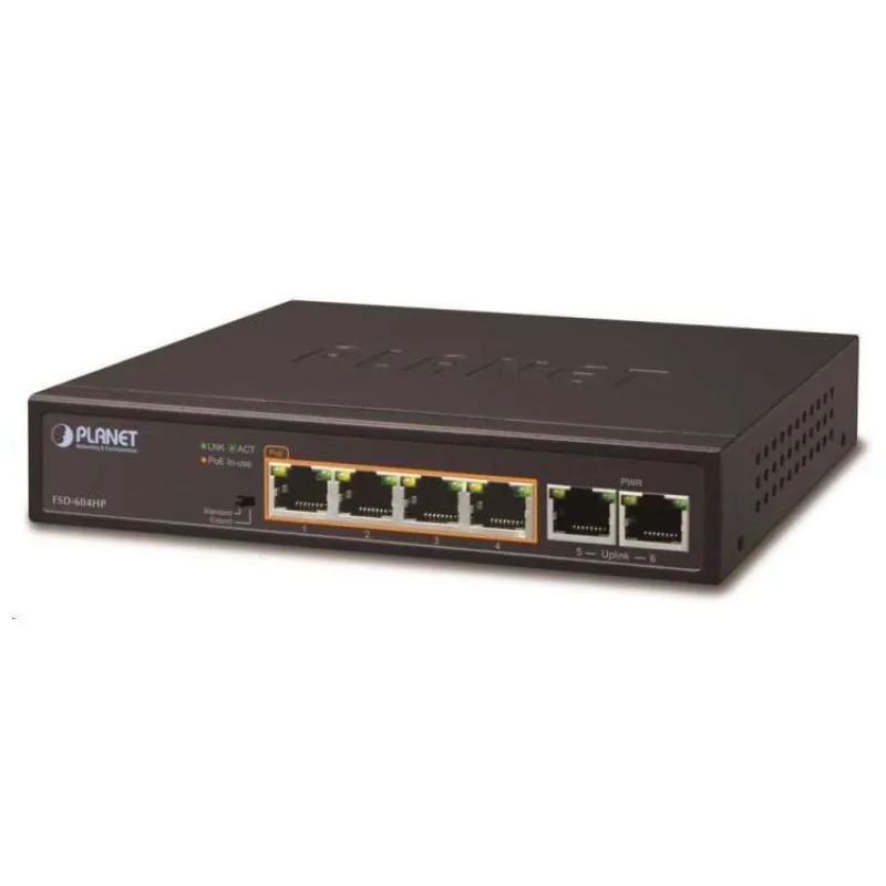 Planet FSD-604HP, PoE switch 4x PoE 802.3at 60W+ 2x 100Base-TX,VLAN,extend mód 10Mb/s do 250m, fanless,ESD (FSD-604HP)