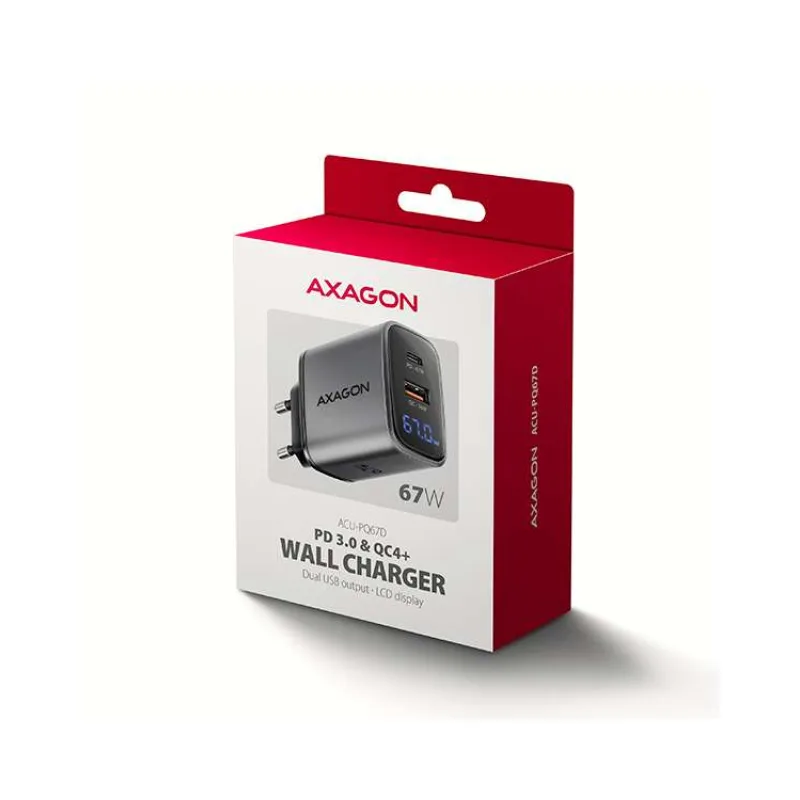 AXAGON ACU-PQ67D, GaN nabíjačka do siete 67W, výstup USB-A+USB-C, PD3.0/PPS/QC4+/SFC2.0/Apple, LCD (ACU-PQ67D)