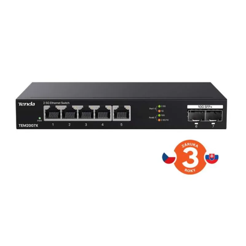 Tenda TEM2007X - Multi-gigabit switch, 5x 2.5G RJ45 + 2x 10G SFP+ port, MAC 16K, ochrana 6kV (75011993)
