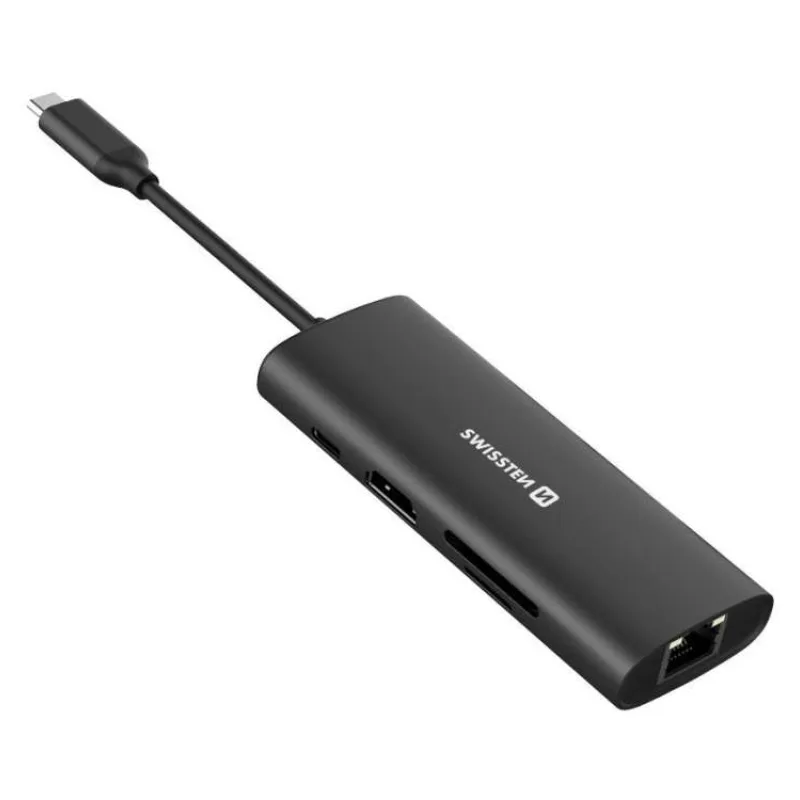Swissten usb-c hub 8-in-1 (usb-c 100w, hdmi 4k, lan rj45, 2x usb-a, 1x usb-c 5gbps, sd, micro sd) aluminium (44040203)
