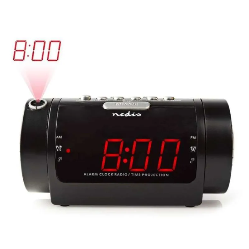 NEDIS digitální budík s rádiem/ LED displej/ promítání času/ AM/ FM/ odložené buzení/ časovač vypnutí/ 2 alarmy/ černý (CLAR005BK)