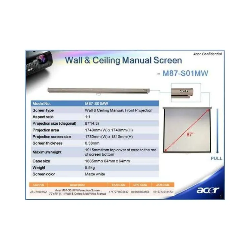 Acer 90" projekčné plátno s montážou na stenu či strop (16:9) (MC.JBG11.001)