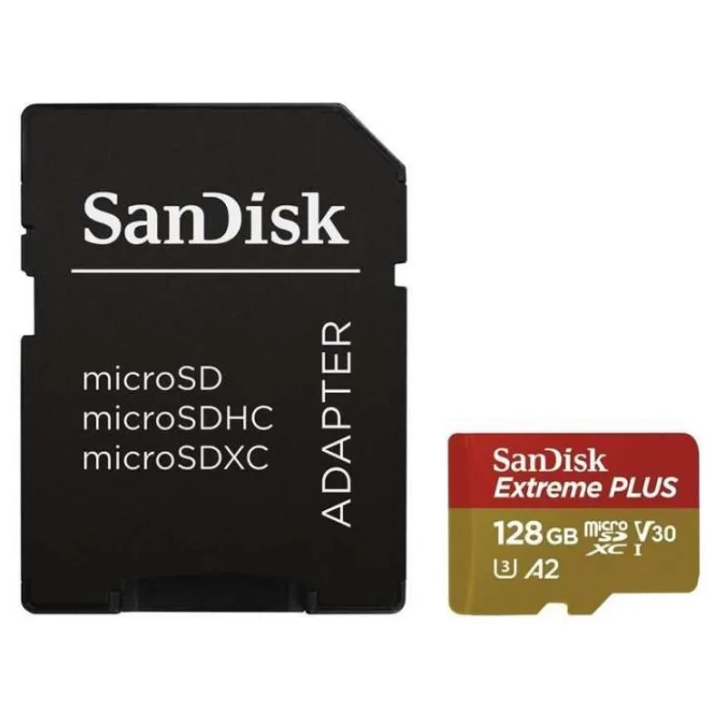 Karta SanDisk micro SDXC 128 GB Extreme PLUS (200 MB/s Class 10, UHS-I U3 V30) + adaptér (SDSQXBD-128G-GN6MA)