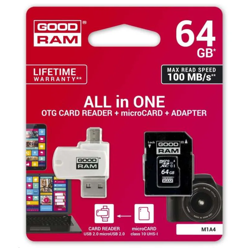 GOODRAM microSDXC karta 64GB M1A4 All-in-one (R:100/W:10 MB/s), UHS-I Class 10, U1 + Adapter + OTG card reader/čtečka (M1A4-0640R12)