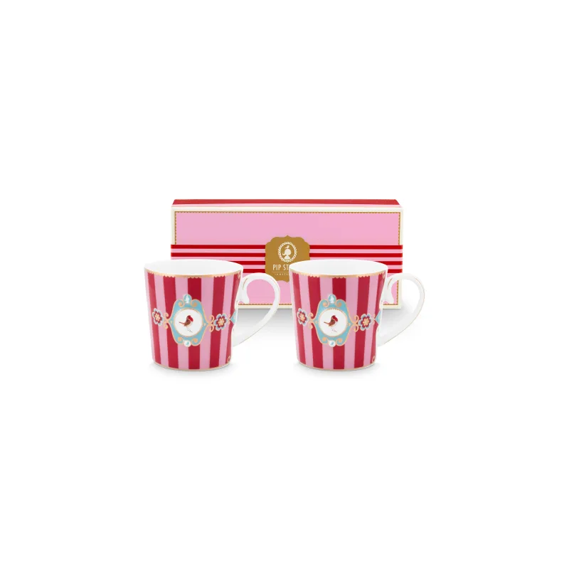 Pip Studio Love Birds Stripes sada 2 ks hrnků 225 ml, červeno-růžová