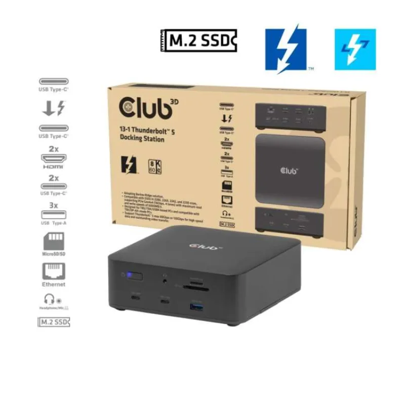 Club3D Dokovací stanice Thunderbolt 5 13v1, 1xUSB-C TB5, 2xUSB-C, 3xUSB-A, 2xHDMI, 1xmicroSD/SD,1xEthernet, 1xM.2 (CSV-2562)
