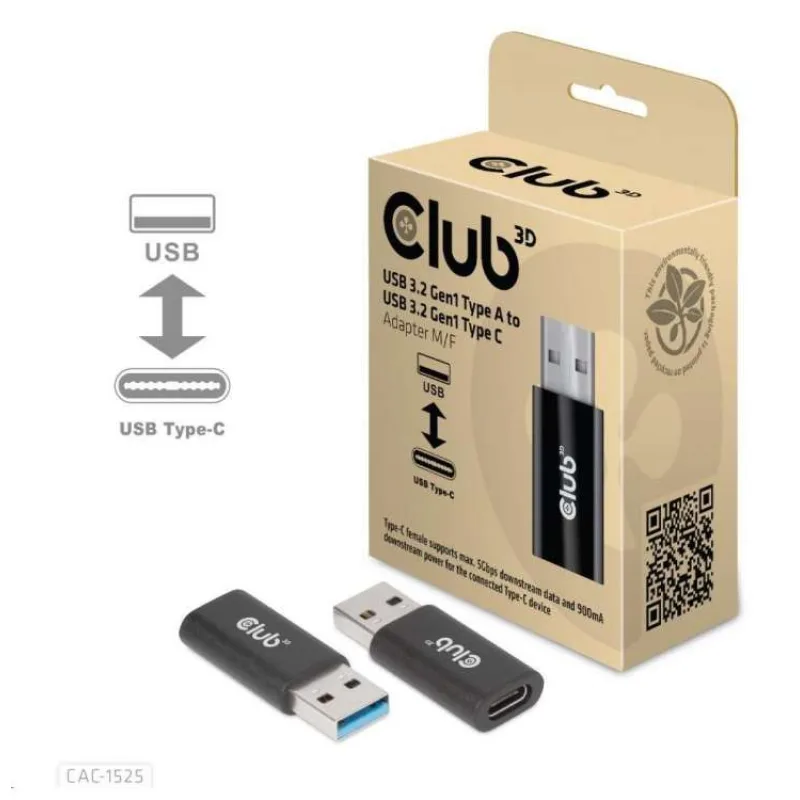 Adaptér Club3D USB 3.2 Gen1 typu A na USB 3.2 Gen1 typ C (M/F), čierna (CAC-1525)