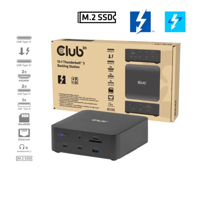 Club3D Dokovací stanice Thunderbolt 5 13v1, 1xUSB-C TB5, 2xUSB-C, …