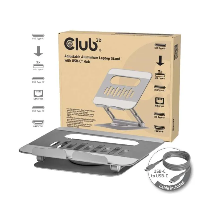 Club3D Nastavitelný hliníkový stojan pro notebook s USB-C hubem na 2xUSB, 1xHDMI, 2xUSB-C, 1xRJ45, 360°, 100W, 4K60Hz (CSV-2554)