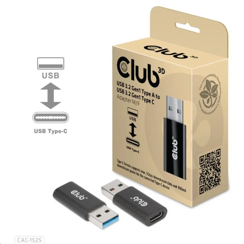 Adaptér Club3D USB 3.2 Gen1 typu A na USB 3.2 Gen1 typ C (M/ F), čierna…