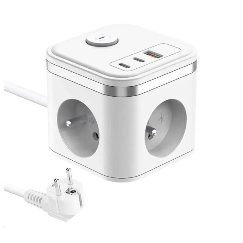 Viking síťový adaptér YC33, 3x 230 V, 1x USB-A, 2x USB-C, tlačítko ON/OFF, délka 1,4 m, bílá (VYC33W)