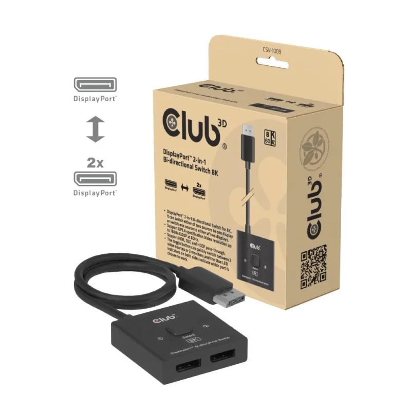 Club3D Switch, DP na 2x DP Oboustranný 2v1, 8K60Hz, 0, 5m CSV-1009