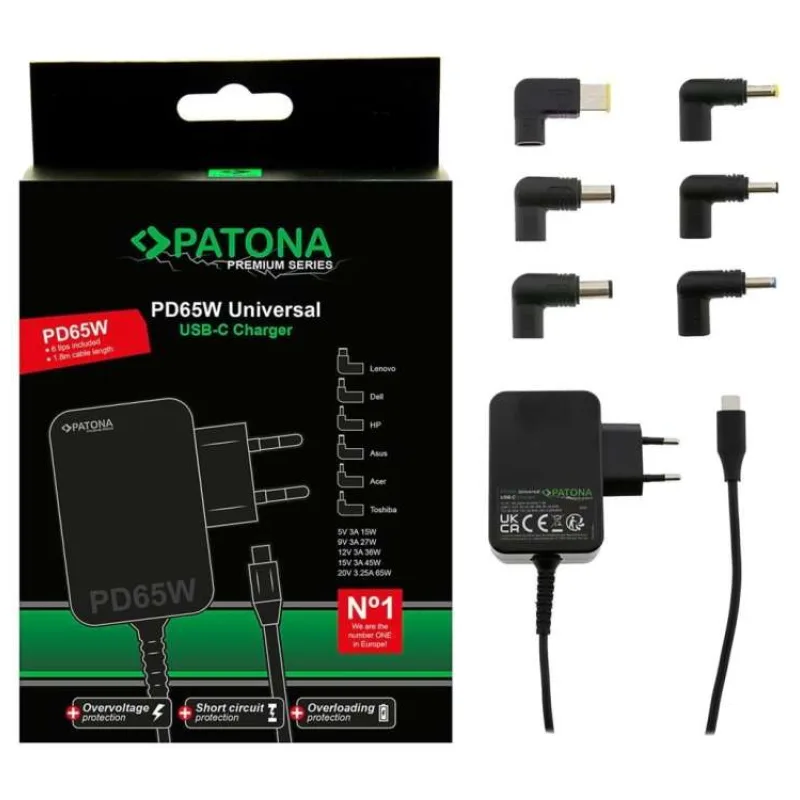 PATONA napájecí adaptér k ntb/ 18,5-20V 65W/ 6 konektorů/ UNI/ USB-C/ Power delivery (PT2649)